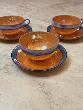 Vintage set of three Meito Lusterware iridescent orange & blue cups and saucers
